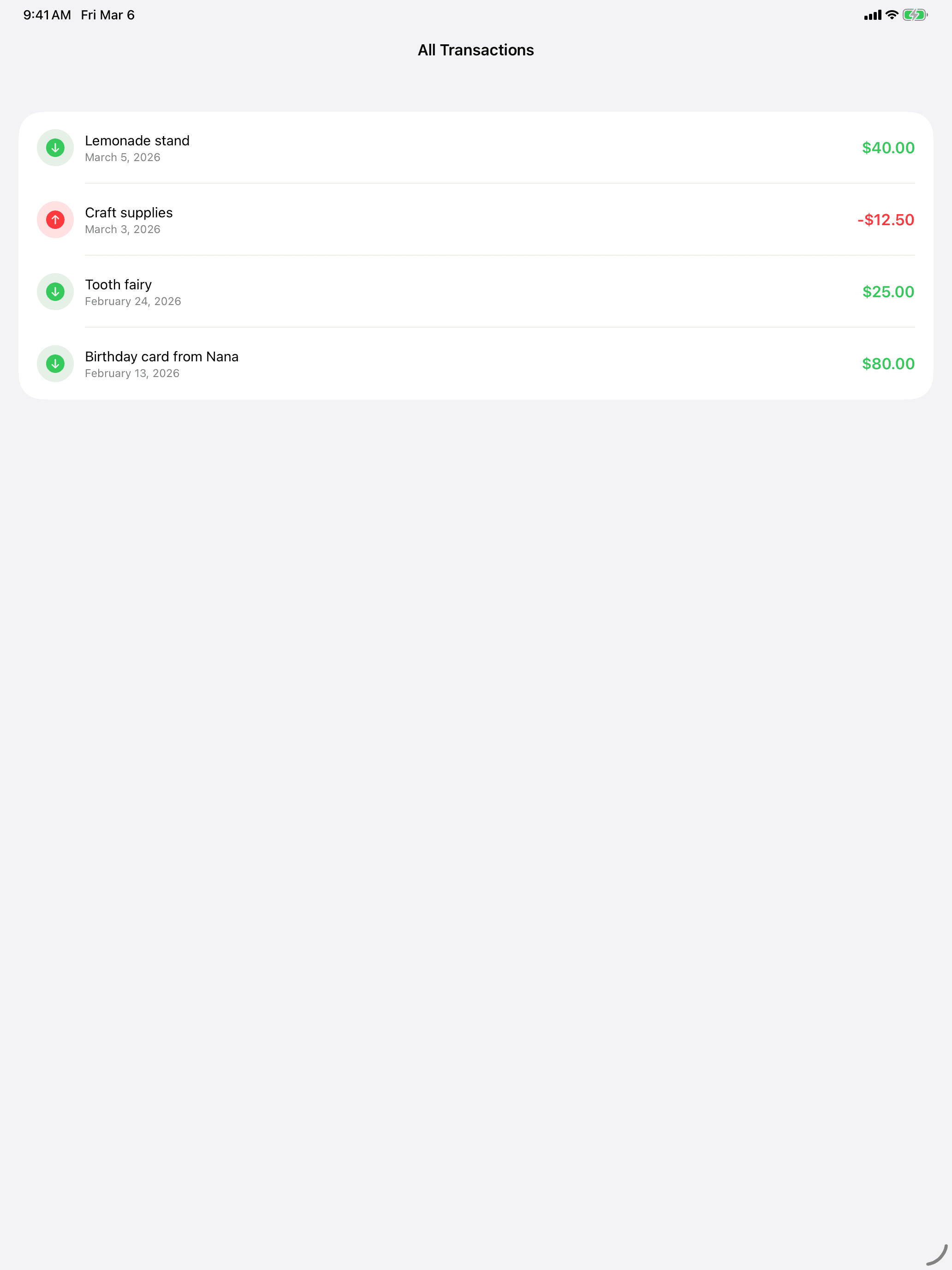 iPad transaction history screen