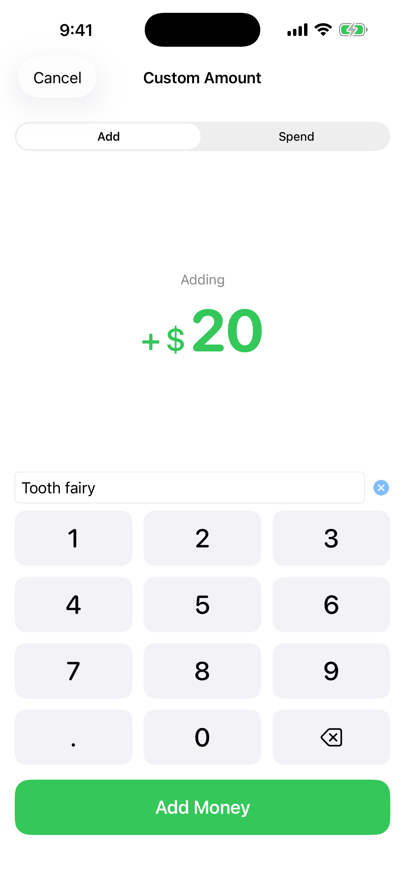 Add money screen with quick amount buttons