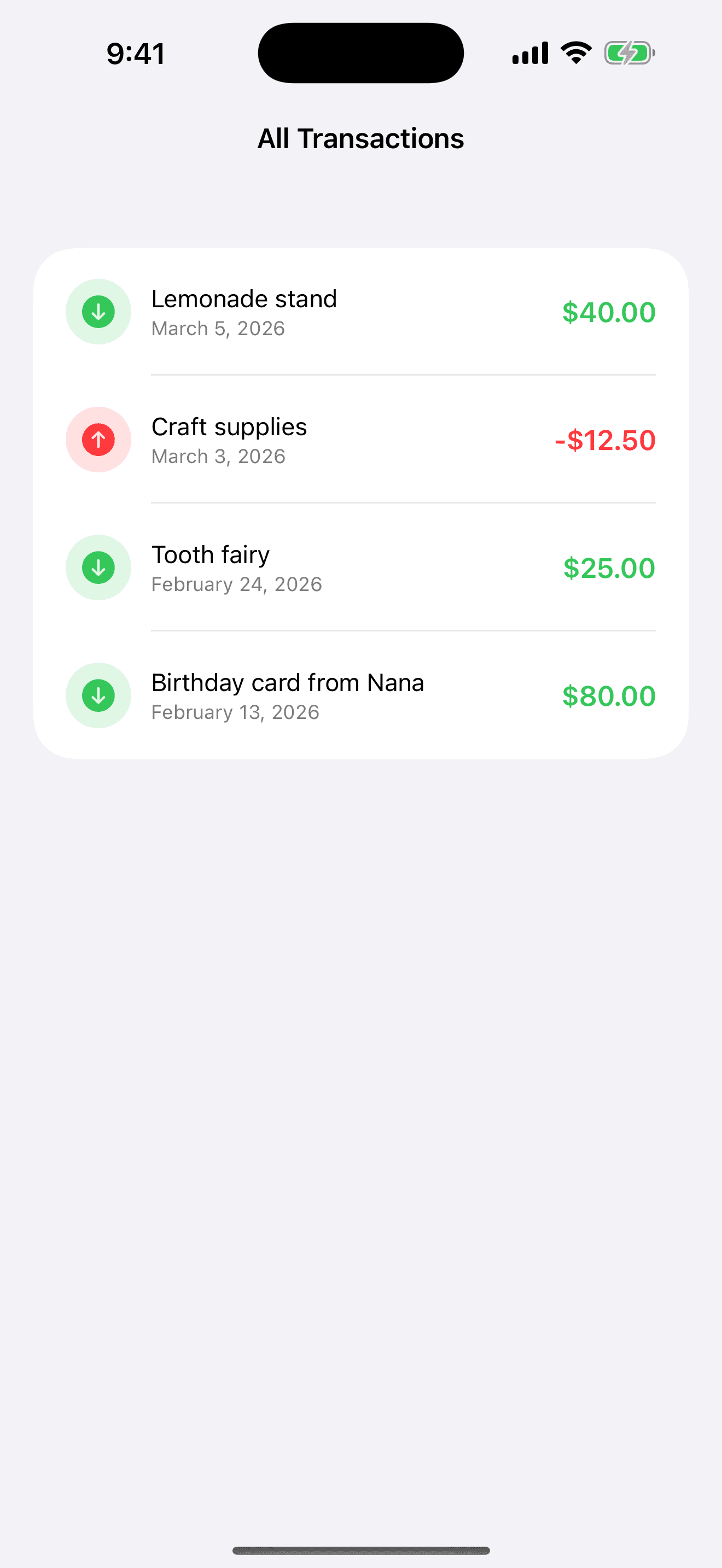 Transaction history for a child account